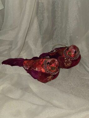 2 Red Cardinal/Decorative Ornament Fabric-Cover Feathers Embroidered Sequins